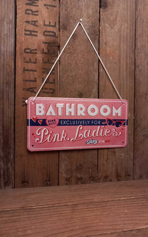Vintage Tin-Plate Hanging sign - Grease - Pink Ladies Bathroom, 10 x 20 cm
